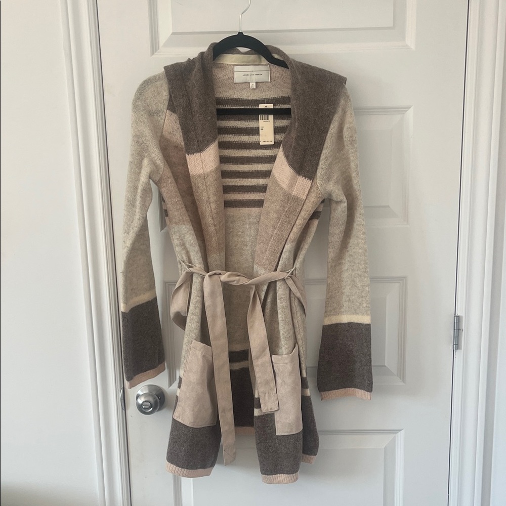 Angel of the North Neutral Stripe Belted Cardigan in Cream, Beige & Brown